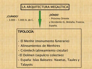 LA ARQUITECTURA MEGALÍTICA ¿ CUÁNDO ? 3.000 - 1.000 A. de C. ¿ DÓNDE ? Próximo Oriente y Occidente (G. Bretaña, Francia, España. TIPOLOGÍA : El Menhir (monumento funerario) Alineamientos de Menhires Crómlech (alineamiento circular) El Dolmen (sepulcro colectivo) España: Islas Baleares: Navetas, Taules y  Talayots 