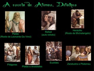 Euclides Heráclito  (Rosto de Michelangelo) Platão  (Rosto de Leonardo Da Vinci) Platão e Aristóteles Pitágoras Rafael (auto retrato) Zaratustra e Ptolomeu 