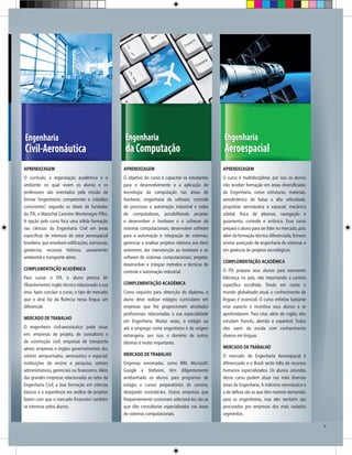 ca

culos
alor,
os de
luxo
orto
vido
al do
essa
al de

anto,
uscar
tem
ções
e o

ferta
ertas
ados.
de
haria
P-SC,
ntes
mam
tico,
ncos.

Engenharia

Engenharia

Engenharia

APRENDIZAGEM
O currículo, a organização acadêmica e o
ambiente no qual vivem os alunos e os
professores são orientados pela missão de
formar “engenheiros competentes e cidadãos
conscientes”, segundo os ideais do fundador
do ITA, o Marechal Casimiro Montenegro Filho.
A opção pelo curso foca uma sólida formação
nas ciências da Engenharia Civil em áreas
específicas de interesse do setor aeroespacial
brasileiro, que envolvem edificações, estruturas,
geotecnia, recursos hídricos, saneamento
ambiental e transporte aéreo.

APRENDIZAGEM
O objetivo do curso é capacitar os estudantes
para o desenvolvimento e a aplicação de
tecnologia da computação nas áreas de
hardware, engenharia de software, controle
de processos e automação industrial e redes
de computadores, possibilitando projetar
e desenvolver o hardware e o software de
sistemas computacionais; desenvolver software
para a automação e integração de sistemas;
gerenciar e analisar projetos relativos aos itens
anteriores; dar manutenção ao hardware e ao
software de sistemas computacionais; projetar,
desenvolver e integrar métodos e técnicas de
controle e automação industrial.

APRENDIZAGEM
O curso é multidisciplinar, por isso os alunos
irão receber formação em áreas diversificadas
da Engenharia, como estruturas, materiais,
aerodinâmica de baixa e alta velocidade,
propulsão aeronáutica e espacial, mecânica
orbital, física de plasmas, navegação e
guiamento, controle e aviônica. Esse curso
prepara o aluno para ser líder no mercado, pois
além da formação técnica diferenciada, fornece
ensino avançado de engenharia de sistemas e
em gerência de projetos tecnológicos.

Civil-Aeronáutica

COMPLEMENTAÇÃO ACADÊMICA
Para cursar o ITA, o aluno precisa ler
(fluentemente) inglês técnico relacionado à sua
área. Após concluir o curso, o tipo de mercado
que o atrai faz da fluência nessa língua um
diferencial.
MERCADO DE TRABALHO
O engenheiro civil-aeronáutico pode atuar
em: empresas de projeto, de consultoria e
de construção civil; empresas de transporte
aéreo; empresas e órgãos governamentais dos
setores aeroportuário, aeronáutico e espacial;
instituições de ensino e pesquisa; setores
administrativos, gerenciais ou financeiros. Além
das grandes empresas relacionadas ao setor da
Engenharia Civil, a boa formação em ciências
básicas e a experiência em análise de projetos
fazem com que o mercado financeiro também
se interesse pelos alunos.

da Computação

COMPLEMENTAÇÃO ACADÊMICA
Como requisito para obtenção do diploma, o
aluno deve realizar estágios curriculares em
empresas que lhe proporcionem atividades
profissionais relacionadas à sua especialidade
em Engenharia. Muitas vezes, o estágio ou
até o emprego como engenheiro é de origem
estrangeira; por isso, o domínio de outros
idiomas é muito importante.
MERCADO DE TRABALHO
Empresas renomadas, como IBM, Microsoft,
Google e Stefanini, têm diligentemente
arrebanhado os alunos para programas de
estágio e cursos preparatórios de carreira,
desejando contratá-los. Outras empresas que
frequentemente costumam selecioná-los são as
que dão consultorias especializadas nas áreas
de sistemas computacionais.

Aeroespacial

COMPLEMENTAÇÃO ACADÊMICA
O ITA prepara seus alunos para exercerem
liderança no país, não importando a carreira
específica escolhida. Tendo em conta o
mundo globalizado atual, o conhecimento de
línguas é essencial. O curso enfatiza bastante
esse aspecto e incentiva seus alunos a se
aprofundarem. Para citar, além do inglês, eles
estudam francês, alemão e espanhol. Todos
eles saem da escola com conhecimento
diverso em línguas.
MERCADO DE TRABALHO
O mercado de Engenharia Aeroespacial é
diferenciado e o Brasil sente falta de recursos
humanos especializados. Os alunos oriundos
desse curso podem atuar nas mais diversas
áreas da Engenharia. A indústria aeronáutica e
a de defesa são as que têm maiores demandas
para os engenheiros, mas eles também são
procurados por empresas dos mais variados
segmentos.
9

 