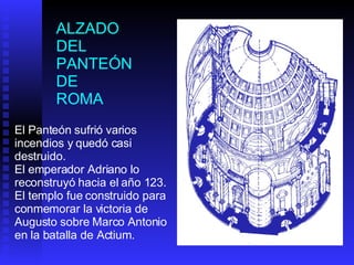 ALZADO  DEL  PANTEÓN DE  ROMA El Panteón sufrió varios incendios y quedó casi destruido. El emperador Adriano lo reconstruyó hacia el año 123. El templo fue construido para conmemorar la victoria de Augusto sobre Marco Antonio en la batalla de Actium.  