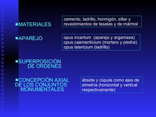 ábside y cúpula como ejes de simetría (horizontal y vertical respectivamente) MATERIALES APAREJO SUPERPOSICIÓN  DE ÓRDENES CONCEPCIÓN AXIAL  DE LOS CONJUNTOS  MONUMENTALES cemento, ladrillo, hormigón, sillar y revestimientos de teselas y de mármol opus incertum  (aparejo y argamasa)  opus caementicium (mortero y piedra)  opus latericium (ladrillo) 