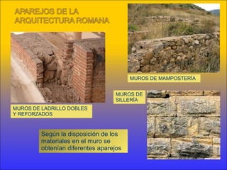 Según la disposición de los materiales en el muro se obtenían diferentes aparejos MUROS DE LADRILLO DOBLES Y REFORZADOS MUROS DE SILLERÍA MUROS DE MAMPOSTERÍA 