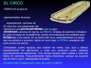 EL CIRCO Edificio en el que se  representaban diversos  espectáculos: carreras de  carros, actividades gimnásticas  o luchas.  El circo fue una adaptación del  hipódromo griego y estaba formado por un gran  circuito para carreras de carros, la  ARENA . Gradas de asientos rodeaban el ruedo excepto en la parte final, donde se localizaban los establos para los caballos y los carros. En el centro del circo, extendiéndose a lo largo, casi de extremo a extremo, había un muro bajo,  la SPINA , alrededor del cual corrían los carros.  Competían cuatro equipos que vestían de verde, rojo, azul y blanco representando los elementos, y cada uno conducía cuatro caballos representando las estaciones. Una carrera duraba siete vueltas y cada día había 24 carreras. Frecuentemente había disturbios, aunque se suponía que el “pan y circo” apaciguaba al pueblo.  P LANTA RECTANGULAR CON UN LADO CURVO.  