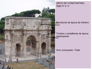 ARCO DE CONSTANTINO. Siglo IV d. C. Esculturas de época de Adriano Tondos o medallones de época bajoimperial. Arco compuesto. Triple 