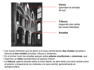 Vanos (permiten la entrada de luz) Tribuna (segundo piso sobre las naves laterales) Arcadas Los muros interiores que se abren a la nave central tienen  dos niveles  (arcadas y tribuna)  o tres niveles  (arcadas, tribuna y ventanas). En el primer nivel, las arcadas apoyan sobre  pilares cruciformes  o  columnas , que imprimen un  ritmo  característico al espacio interior. La  tribuna , galería situada sobre la nave lateral, se abre tanto a la nave central como  al exterior y proporciona luz indirecta a la nave central, generalmente en semipenumbra. 