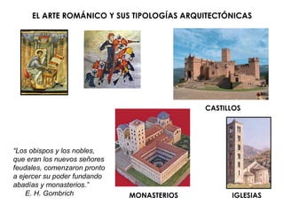 EL ARTE ROMÁNICO Y SUS TIPOLOGÍAS ARQUITECTÓNICAS CASTILLOS MONASTERIOS IGLESIAS “ Los obispos y los nobles, que eran los nuevos señores feudales, comenzaron pronto a ejercer su poder fundando abadías y monasterios.” E. H. Gombrich 