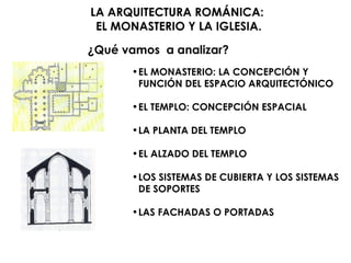 LA ARQUITECTURA ROMÁNICA:  EL MONASTERIO Y LA IGLESIA. EL MONASTERIO: LA CONCEPCIÓN Y FUNCIÓN DEL ESPACIO ARQUITECTÓNICO EL TEMPLO: CONCEPCIÓN ESPACIAL LA PLANTA DEL TEMPLO EL ALZADO DEL TEMPLO LOS SISTEMAS DE CUBIERTA Y LOS SISTEMAS DE SOPORTES LAS FACHADAS O PORTADAS ¿Qué vamos  a analizar? 