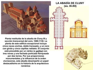 LA ABADÍA DE CLUNY  (ss. XI-XII) Planta restituida de la abadía de Cluny III y sección transversal del coro, 1080-1130. La planta de este edificio excepcional incluye cinco naves anchas, doble transepto, y un coro con girola y cinco capillas radiales. El conjunto está precedido por un nártex (o  galilea ) con tres naves y una fachada porticada flanqueada por dos torres. Por sus proporciones monumentales y la influencia de la orden cluniacense, esta abadía desempeñó un papel destacadísimo en la historia de la arquitectura románica  
