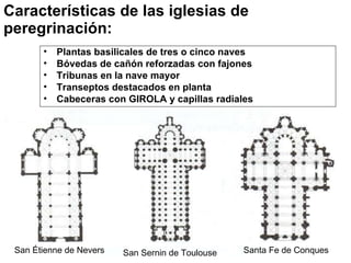Características de las iglesias de peregrinación: Plantas basilicales de tres o cinco naves Bóvedas de cañón reforzadas con fajones Tribunas en la nave mayor Transeptos destacados en planta Cabeceras con GIROLA y capillas radiales San Sernin de Toulouse Santa Fe de Conques San Étienne de Nevers 