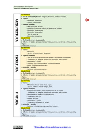 Historia del Arte (2ºBachillerato)
INTRODUCCIÓN A LA HISTORIA DEL ARTE.
https://javier2pm-arte.blogspot.com.es
8
ARQUITECTURA DESCRIPCIÓN
a) Tipo de edificación y función (religiosa, funeraria, política, vivienda…)
b) Técnica:
- Materiales empleados.
- Sistema constructivo.
c) Aspectos formales:
- Descripción del exterior.
- Organización interna; análisis de la planta del edificio.
- Elementos sustentantes.
- Elementos sustentados.
- Tipo de cubierta.
- Elementos decorativos.
COMENTARIO
a) Clasificación en una época y estilo.
b) Relación de la obra con su contexto artístico, cultural, económico, político, social y
religioso.
c) Valoración personal.
ESCULTURA
DESCRIPCIÓN
a) Técnica:
- Materiales.
- Técnica escultórica: talla, modelado…
b) Aspectos formales:
- Tipo de escultura: bulto redondo, relieve (altorrelieve, bajorrelieve).
- Tratamiento de la figura: proporción, detallismo, naturalismo…
- Movimiento o rigidez.
- Volumen: único punto de vista; tridimensionalidad.
- Color: si está o no policromada.
c) Contenido y función:
- Religiosa, política, decorativa…
COMENTARIO
a) Clasificación en una época y estilo.
b) Relación de la obra con su contexto artístico, cultural, económico, político, social y
religioso.
c) Valoración personal.
PINTURA
DESCRIPCIÓN
a) Técnica:
- Materiales: lienzo, tabla, muro, papel…
- Técnica pictórica: fresco, temple, óleo…
b) Aspectos formales:
- Composición: es decir, colocación espacial de las figuras.
- Tratamiento de la figura: proporción, detallismo, naturalismo…
- Representación del espacio (perspectiva).
- Tratamiento dela luz.
- Empleo del color.
- Movimiento o rigidez.
- Tratamiento del paisaje (si lo hay).
c) Contenido y función:
- Religiosa, mitológico, profano, político, retrato…
COMENTARIO
a) Clasificación en una época y estilo.
b) Relación de la obra con su contexto artístico, cultural, económico, político, social y
religioso.
c) Valoración personal.
 