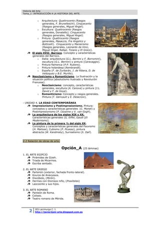 Historia del Arte
Tema_1: INTRODUCCIÓN A LA HISTORIA DEL ARTE.
2 IES Lacimurga C. I.
http://javier2pm-arte.blogspot.com.es
o Arquitectura: Quattrocento (Rasgos
generales, F. Brunelleschi). Cinquecento
(Rasgos generales, Miguel Ángel).
o Escultura: Quattrocento (Rasgos
generales, Donatello); Cinquecento
(Rasgos generales, Miguel Ángel).
o Pintura: Quattrocento (Rasgos
generales, Masaccio, Fra Angelico y
Botticelli). Cinquecento y Manierismo
(Rasgos generales, Leonardo da Vinci,
Miguel Ángel, Rafael, Tiziano y El Greco).
El siglo XVII: Barroco. Concepto y características
generales del Barroco.
o Italia: arquitectura (G.L. Bernini y F. Borromini),
escultura (G.L. Bernini) y pintura (Caravaggio).
o Pintura flamenca (P.P. Rubens).
o Pintura holandesa (Rembrandt).
o España (F. de Zurbarán, J. de Ribera, D. de
Velázquez y B.E. Murillo).
Neoclasicismo y Romanticismo. La Ilustración y la
situación política (absolutismo ilustrado y Revolución
Francesa).
o Neoclasicismo: concepto, características
generales, escultura (A. Canova) y pintura (J.L.
David y F. de Goya).
o Romanticismo: Concepto y rasgos generales.
Pintura (T. Géricault y E. Delacroix).
- UNIDAD 4. LA EDAD CONTEMPORÁNEA
Impresionismo y Postimpresionismo. Pintura:
conceptos y características generales (C. Monet) y
Postimpresionismo (P. Cézanne y V. van Gogh).
La arquitectura de los siglos XIX y XX.
Características generales (G. Eiffel, Gaudí [El
Modernismo].
La pintura de la primera ½ del siglo XX.
Conceptos y características generales del Fauvismo
(H. Matisse), Cubismo (P. Picasso), pintura
abstracta (W. Kandinsky), Surrealismo (S. Dalí).
2.2 Relación de obras de arte.
Opción_A (25 láminas)
1. EL ARTE EGIPCIO
Pirámides de Gizeh.
Triada de Micerinos.
Escriba sentado.
2. EL ARTE GRIEGO
Partenón (exterior, fachada fronto-lateral).
Kouros de Anavyssos.
Discóbolo, (Mirón).
Hermes con Dionisos niño, (Praxíteles)
Laocoonte y sus hijos.
3. EL ARTE ROMANO
Panteón de Roma.
Coliseo.
Teatro romano de Mérida.
 