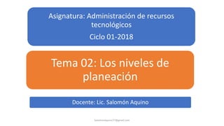 Asignatura: Administración de recursos
tecnológicos
Ciclo 01-2018
Tema 02: Los niveles de
planeación
SalomonAquino77@gmail.com
Docente: Lic. Salomón Aquino
 
