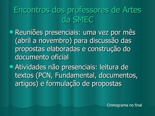 Encontros dos professores de Artes da SMEC Reuniões presenciais: uma vez por mês (abril a novembro) para discussão das propostas elaboradas e construção do documento oficial Atividades não presenciais: leitura de textos (PCN, Fundamental, documentos, artigos) e formulação de propostas Cronograma no final 