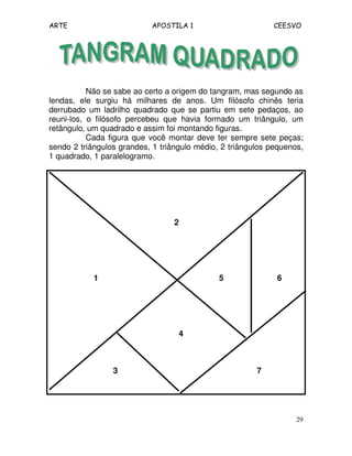 ARTE APOSTILA 1 CEESVO 
Não se sabe ao certo a origem do tangram, mas segundo as 
lendas, ele surgiu há milhares de anos. Um filósofo chinês teria 
derrubado um ladrilho quadrado que se partiu em sete pedaços, ao 
reuni-los, o filósofo percebeu que havia formado um triângulo, um 
retângulo, um quadrado e assim foi montando figuras. 
Cada figura que você montar deve ter sempre sete peças; 
sendo 2 triângulos grandes, 1 triângulo médio, 2 triângulos pequenos, 
1 quadrado, 1 paralelogramo. 
29 
2 
1 5 6 
4 
3 7 
 