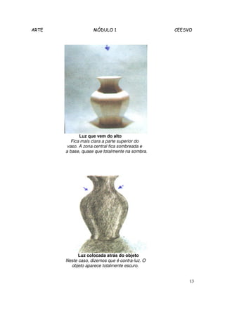 ARTE                MÓDULO 1                     CEESVO




              Luz que vem do alto
          Fica mais clara a parte superior do
        vaso. A zona central fica sombreada e
       a base, quase que totalmente na sombra.




             Luz colocada atrás do objeto
       Neste caso, dizemos que é contra-luz. O
         objeto aparece totalmente escuro.


                                                      13
 