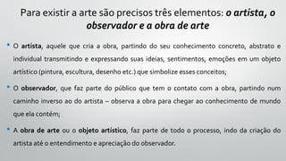 Para existir a arte são precisos três elementos: o artista, o
observador e a obra de arte
• O artista, aquele que cria a obra, partindo do seu conhecimento concreto, abstrato e
individual transmitindo e expressando suas ideias, sentimentos, emoções em um objeto
artístico (pintura, escultura, desenho etc.) que simbolize esses conceitos;
• O observador, que faz parte do público que tem o contato com a obra, partindo num
caminho inverso ao do artista – observa a obra para chegar ao conhecimento de mundo
que ela contém;
• A obra de arte ou o objeto artístico, faz parte de todo o processo, indo da criação do
artista até o entendimento e apreciação do observador.
 