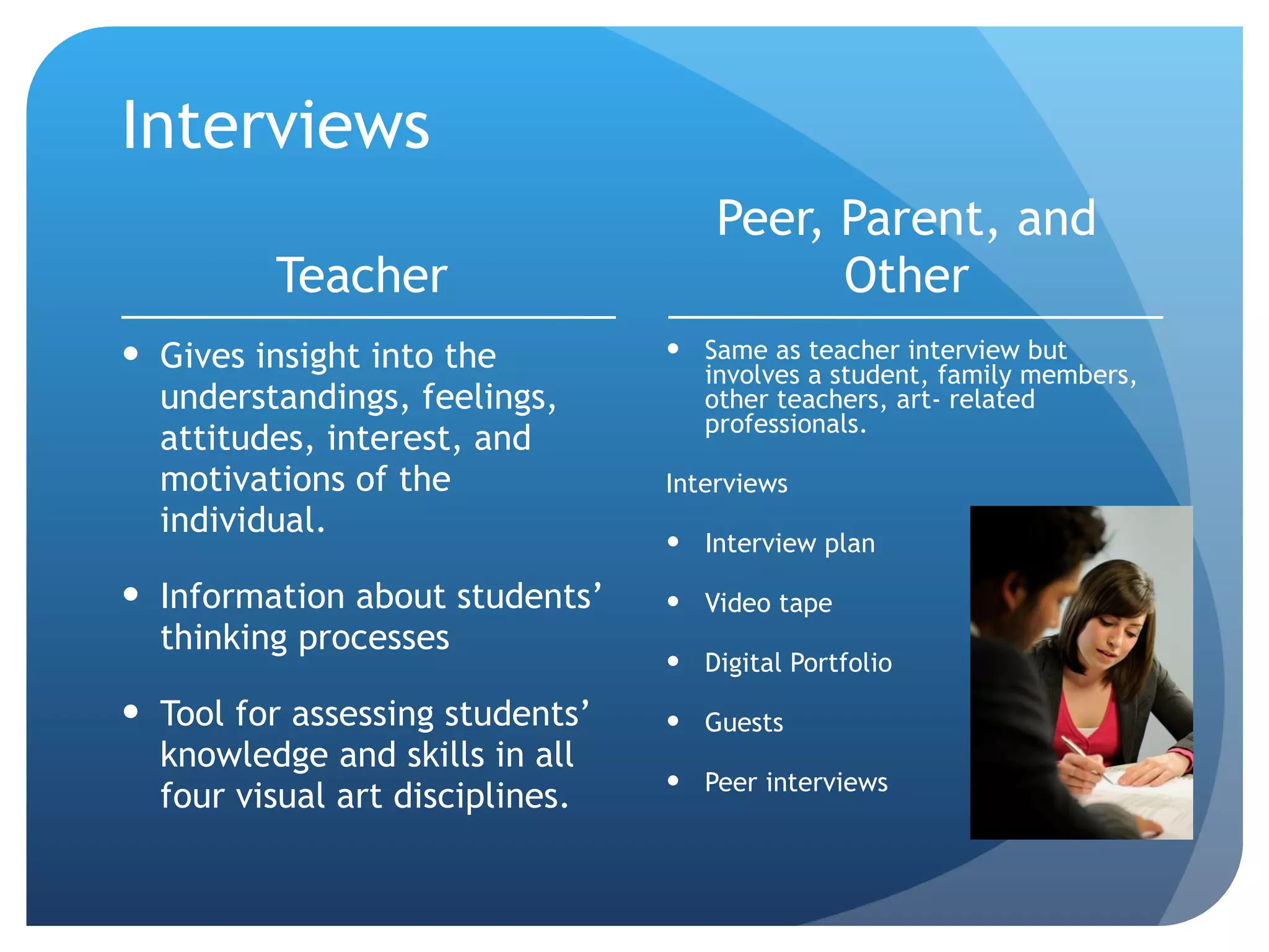 Interviews Teacher Gives insight into the understandings, feelings, attitudes, interest, and motivations of the individual. Information about students’ thinking processes  Tool for assessing students’ knowledge and skills in all four visual art disciplines. Peer, Parent, and Other Same as teacher interview but involves a student, family members, other teachers, art- related professionals. Interviews  Interview plan Video tape Digital Portfolio  Guests Peer interviews 