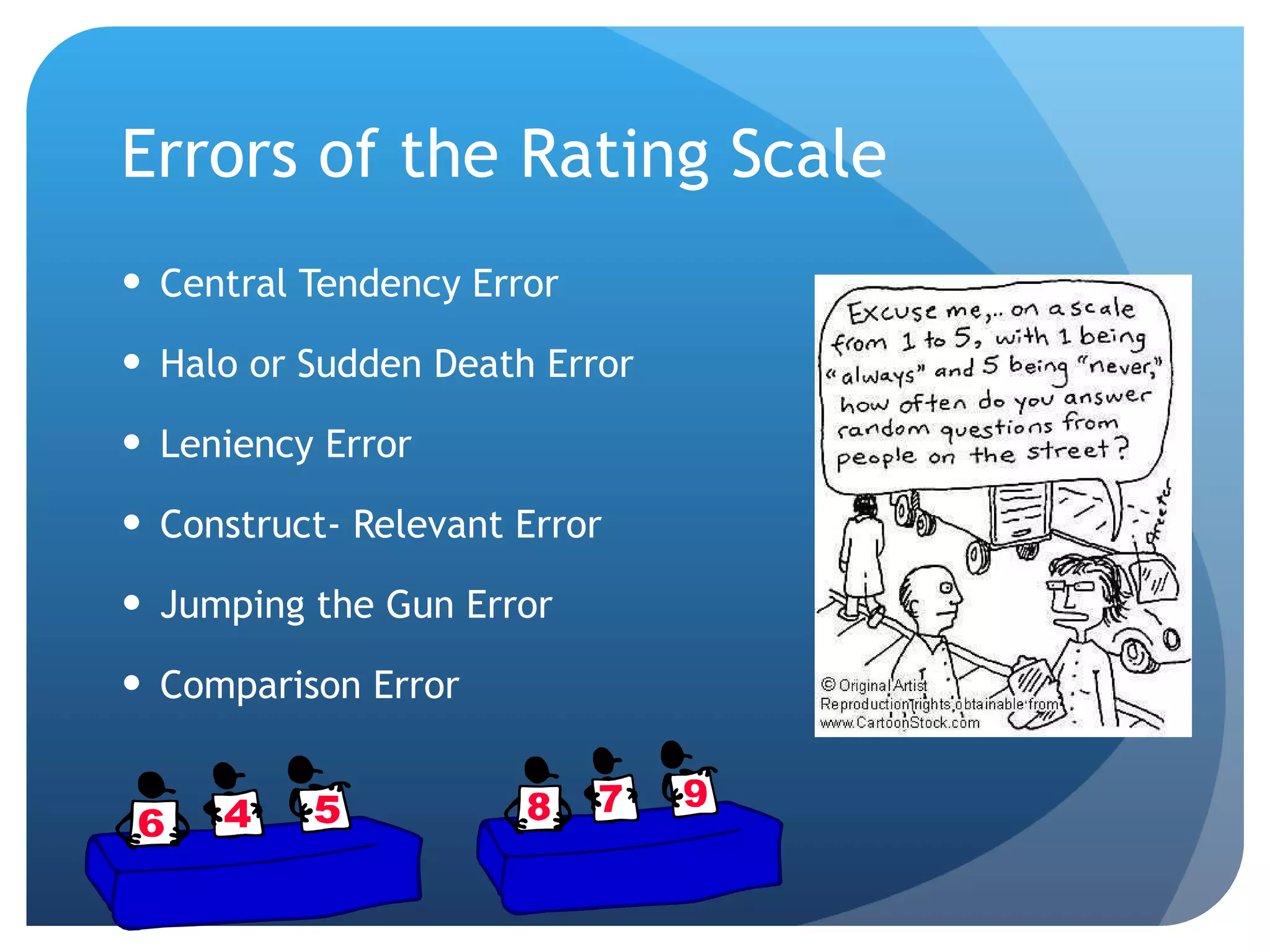 Errors of the Rating Scale Central Tendency Error Halo or Sudden Death Error Leniency Error Construct- Relevant Error Jumping the Gun Error Comparison Error 