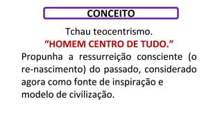 Tchau teocentrismo.
“HOMEM CENTRO DE TUDO.”
Propunha a ressurreição consciente (o
re-nascimento) do passado, considerado
agora como fonte de inspiração e
modelo de civilização.
CONCEITO
 