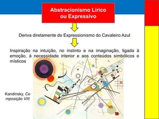 ARTE ABSTRATA
Deriva diretamente do Expressionismo do Cavaleiro Azul
Inspiração na intuição, no instinto e na imaginação, ligada à
emoção, à necessidade interior e aos conteúdos simbólicos e
místicos
Abstracionismo Lírico
ou Expressivo
Kandinsky, Co
mposição VIII
 