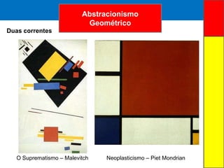 ARTE ABSTRATAAbstracionismo
Geométrico
Duas correntes
O Suprematismo – Malevitch Neoplasticismo – Piet Mondrian
 