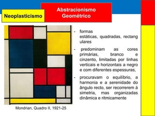ARTE ABSTRATAAbstracionismo
Geométrico
Mondrian, Quadro II, 1921-25
- formas
estáticas, quadradas, rectang
ulares
- predominam as cores
primárias, branco e
cinzento, limitadas por linhas
verticais e horizontais a negro
e com diferentes espessuras,
- procuravam o equilíbrio, a
harmonia e a serenidade do
ângulo recto, ser recorrerem à
simetria, mas organizadas
dinâmica e ritmicamente
Neoplasticismo
 