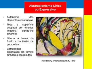 ARTE ABSTRATA
- Autonomia dos
elementos construtivos
- Toda a superfície
ocupada por tensões
lineares, dando-lhe
dinâmica
- Liberta a forma do
fundo e da ilusão de
perspetiva
- Composição
organizada em formas
circulares espiraladas
Abstracionismo Lírico
ou Expressivo
Kandinsky, Improvisação X, 1910
 