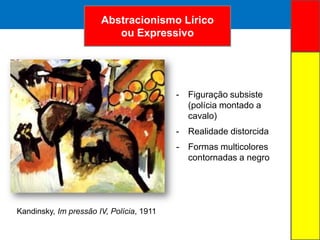 ARTE ABSTRATA
- Figuração subsiste
(polícia montado a
cavalo)
- Realidade distorcida
- Formas multicolores
contornadas a negro
Abstracionismo Lírico
ou Expressivo
Kandinsky, Im pressão IV, Polícia, 1911
 