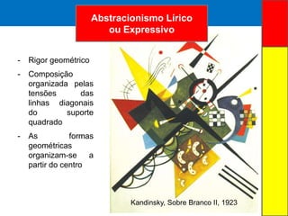 ARTE ABSTRATA
- Rigor geométrico
- Composição
organizada pelas
tensões das
linhas diagonais
do suporte
quadrado
- As formas
geométricas
organizam-se a
partir do centro
Abstracionismo Lírico
ou Expressivo
Kandinsky, Sobre Branco II, 1923
 