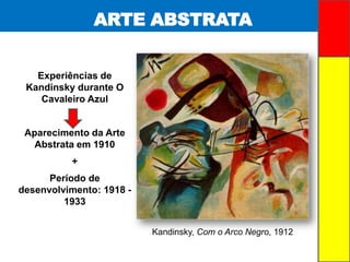 ARTE ABSTRATA
Experiências de
Kandinsky durante O
Cavaleiro Azul
Aparecimento da Arte
Abstrata em 1910
+
Período de
desenv...
