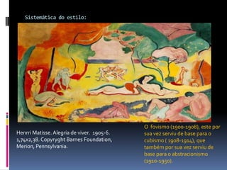 Sistemática do estilo:O  fovismo (1900-1908), este por sua vez serviu de base para o cubismo ( 1908-1914), que também por sua vez serviu de base para o abstracionismo (1910-1950). Henrri Matisse. Alegria de viver.  1905-6. 1,74x2,38. Copyryght Barnes Foundation, Merion, Pennsylvania.