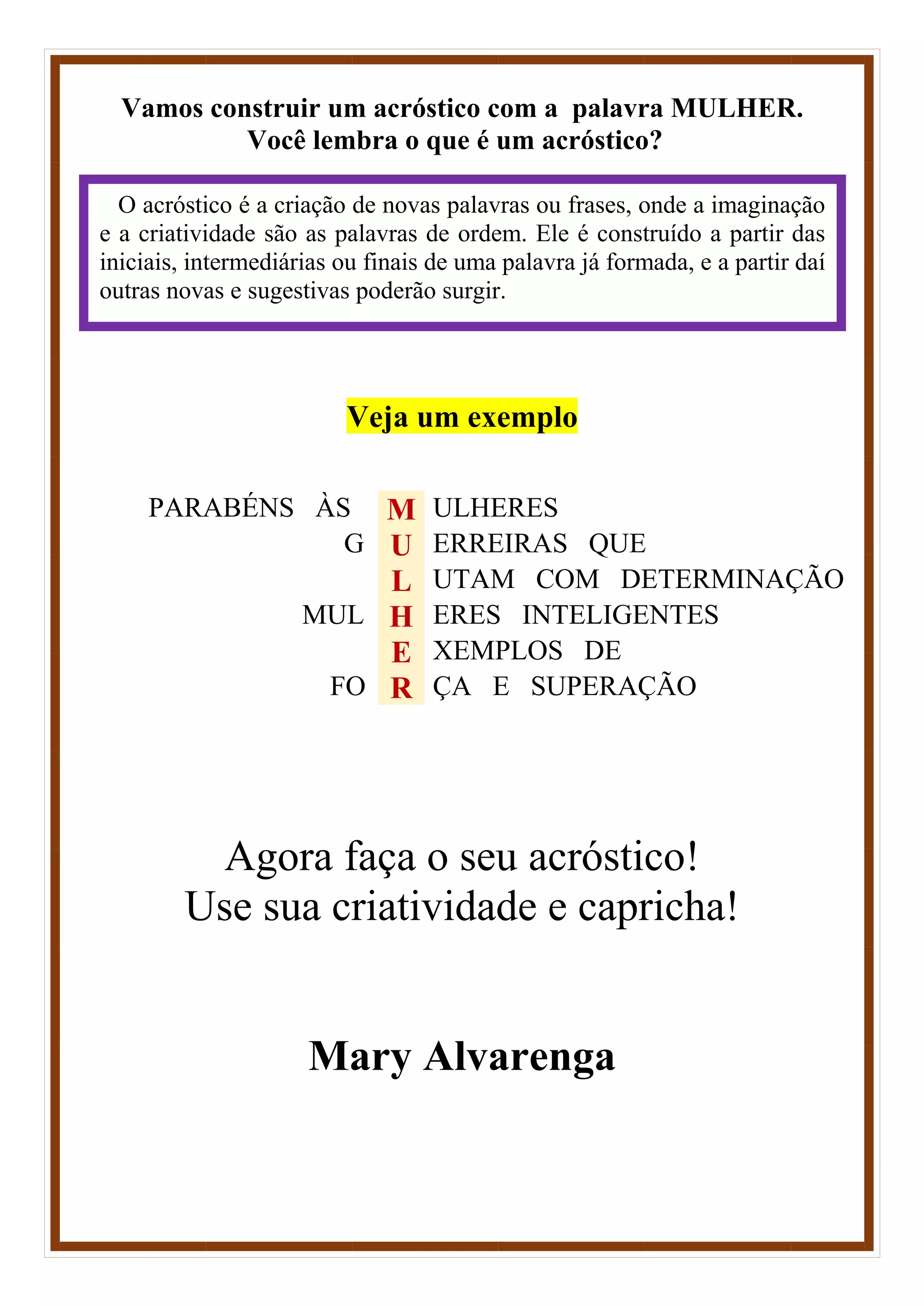 Acróstico - Dia Internacional da Mulher | PDF