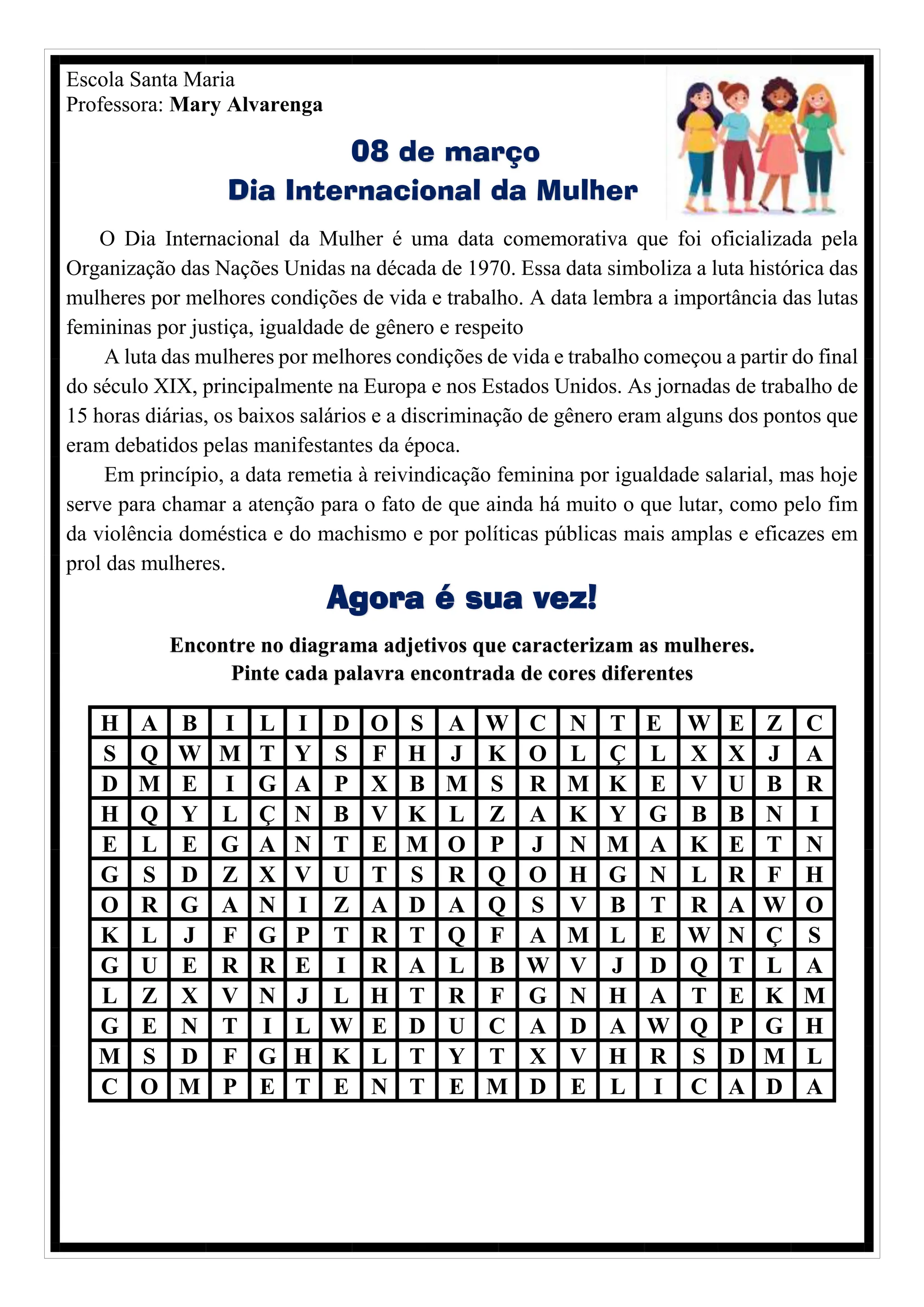 Texto, caça - palavras e cróstico - Dia Internacional da Mulher. | PDF