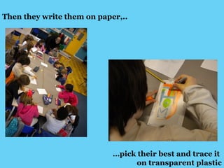 Then they write them on paper,.. 
…pick their best and trace it 
on transparent plastic 
 