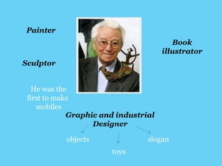 Painter 
Sculptor 
He was the 
first to make 
mobiles 
Graphic and industrial 
Designer 
objects slogan 
toys 
Book 
illustrator 
 