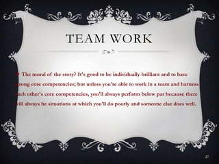 TEAM WORK
 The moral of the story? It's good to be individually brilliant and to have
strong core competencies; but unless you're able to work in a team and harness
each other's core competencies, you'll always perform below par because there
will always be situations at which you'll do poorly and someone else does well.
27
 
