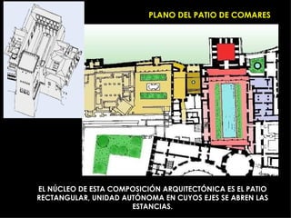 PLANO DEL PATIO DE COMARES




EL NÚCLEO DE ESTA COMPOSICIÓN ARQUITECTÓNICA ES EL PATIO
RECTANGULAR, UNIDAD AUTÓNOMA EN CUYOS EJES SE ABREN LAS
                      ESTANCIAS.
 