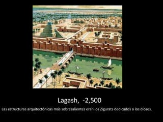 Lagash, -2,500
Las estructuras arquitectónicas más sobresalientes eran los Zigurats dedicados a los dioses.
 