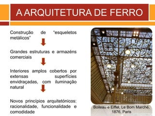 A ARQUITETURA DE FERRO
Construção de “esqueletos
metálicos”
Grandes estruturas e armazéns
comerciais
Interiores amplos cobertos por
extensas superfícies
envidraçadas, com iluminação
natural
Novos princípios arquitetónicos:
racionalidade, funcionalidade e
comodidade
Boileau e Eiffel, Le Bom Marché,
1876, Paris
 