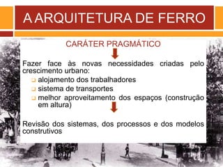 A ARQUITETURA DE FERRO
CARÁTER PRAGMÁTICO
Fazer face às novas necessidades criadas pelo
crescimento urbano:
 alojamento dos trabalhadores
 sistema de transportes
 melhor aproveitamento dos espaços (construção
em altura)
Revisão dos sistemas, dos processos e dos modelos
construtivos
 