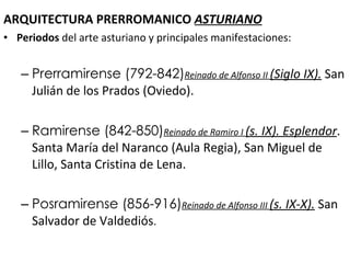 ARQUITECTURA PRERROMANICO  ASTURIANO Periodos  del arte asturiano y principales manifestaciones: Prerramirense (792-842) Reinado de Alfonso II  (Siglo IX).  San Julián de los Prados (Oviedo). Ramirense (842-850) Reinado de Ramiro I  (s. IX). Esplendor . Santa María del Naranco (Aula Regia), San Miguel de Lillo, Santa Cristina de Lena.  Posramirense (856-916) Reinado de Alfonso III  (s. IX-X).  San Salvador de Valdediós . 