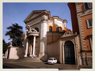 • As fachadas seguem o esquema renascentista e maneirista, com o corpo
central rematado por um frontão, o que garante a verticalidade do edifício.
• Habitualmente, as igrejas são construídas de forma irregular, em dois
andares sobrepostos, com formas onduladas.
• Os exteriores possuem nichos com conchas e grinaldas e sempre com
formas onduladas.
•O portal principal tem também um grande ênfase, graças à sua
ornamentação.
• As torres sineiras reforçam o aspeto vertical dos edifícios.
• As igrejas têm como cobertura as cúpulas colossais e abobadas
estruturadas, sustentadas por contrafortes decorados com volutas.
Igreja de Santo André do Quirinal,
Bernini
 