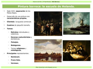 Historia del Arte: (2º Bachillerato). Arte Barroco.
Http://javier2pm-arte.blogspot.com.es
●
Siglo XVII: separación de los
Países Bajos.
●
Desarrollo de una pintura con
características propias.
●
Clientela: burguesía comercial.
●
Cuadros de pequeño tamaño.
●
Temas:
– Retratos individuales o
colectivos.
– Escenas costumbristas y
domésticas.
– Paisajes.
– Bodegones.
– Temas religiosos y
mitológicos.
●
Principales representantes:
– Rembrant.
– Frans Hals.
– Vermeer.
Pintura barroca: la escuela de Holanda.
 