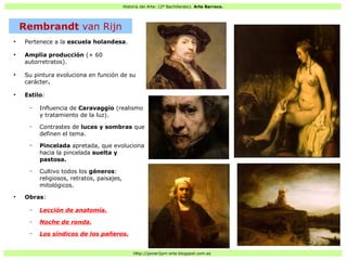 Historia del Arte: (2º Bachillerato). Arte Barroco.
Http://javier2pm-arte.blogspot.com.es
●
Pertenece a la escuela holandesa.
●
Amplia producción (+ 60
autorretratos).
●
Su pintura evoluciona en función de su
carácter.
●
Estilo:
– Influencia de Caravaggio (realismo
y tratamiento de la luz).
– Contrastes de luces y sombras que
definen el tema.
– Pincelada apretada, que evoluciona
hacia la pincelada suelta y
pastosa.
– Cultivo todos los géneros:
religiosos, retratos, paisajes,
mitológicos.
●
Obras:
– Lección de anatomía.
– Noche de ronda.
– Los síndicos de los pañeros.
Rembrandt van Rijn
 