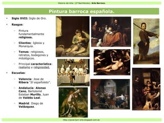 Historia del Arte: (2º Bachillerato). Arte Barroco.
Http://javier2pm-arte.blogspot.com.es
●
Siglo XVII: Siglo de Oro.
●
Rasgos:
– Pintura
fundamentalmente
religiosa.
– Clientes: Iglesia y
Monarquía.
– Temas: religiosos,
retratos, bodegones y
mitológicos.
– Principal característica:
realismo y religiosidad.
●
Escuelas:
– Valencia: Jose de
Ribera “El españoleto”.
– Andalucía: Alonso
Cano, Bartolomé
Esteban Murillo, Juan
de Valdés Leal.
– Madrid: Diego de
Velázquez.
Pintura barroca española.
 