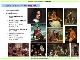 Historia del Arte: (2º Bachillerato). Arte Barroco.
Http://javier2pm-arte.blogspot.com.es
●
Escuela madrileña
●
Evolución estilo:
– Etapa sevillana (1617-
1623)
– Primera etapa cortesana
(1623-1629)
– Primer viaje a Italia
(1629-1631)
– Segunda etapa cortesana
(1631- 1635)
– Segundo viaje a Italia
(1649-1651)
– Última etapa cortesana
(1651-1660)
Diego de Silva y Velázquez.
 
