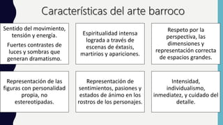 Sentido del movimiento,
tensión y energía.
Fuertes contrastes de
luces y sombras que
generan dramatismo.
Espiritualidad intensa
lograda a través de
escenas de éxtasis,
martirios y apariciones.
Respeto por la
perspectiva, las
dimensiones y
representación correcta
de espacios grandes.
Representación de las
figuras con personalidad
propia, no
estereotipadas.
Representación de
sentimientos, pasiones y
estados de ánimo en los
rostros de los personajes.
Intensidad,
individualismo,
inmediatez, y cuidado del
detalle.
 