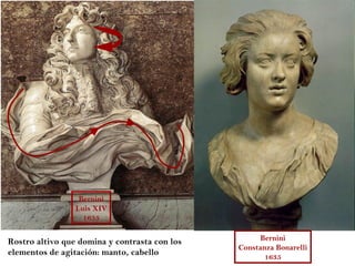 Bernini
                 Luis XIV
                   1655


Rostro altivo que domina y contrasta con los        Bernini
                                               Constanza Bonarelli
elementos de agitación: manto, cabello
                                                      1635
 