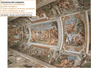 Estrutura del conjunto:
1. Arquitectura sustentada por
grisallas mitológicas.
2. Falsos medallones de bronce encastrados.
3. Putis e ignudis que “juegan”.
4. Escenas encuadradas en falsos marcos.
(Evidente vínculo con la Capilla Sixtina)

                                              4




                                              2
                                                      1
                                                  3       3
 