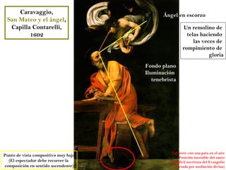Caravaggio,                             Ángel en escorzo
 San Mateo y el ángel,
  Capilla Contarelli,                                  Un remolino de
         1602                                            telas haciendo
                                                            las veces de
                                                       rompimiento de
                                                                   gloria
                                      Fondo plano
                                      Iluminación
                                         tenebrista




                                                Taburete con una pata en el aire
Punto de vista compositivo muy bajo                  Posición inestable del santo
  (El espectador debe recorrer la               La difícil escritura del Evangelio
composición en sentido ascendente)                (dictada por mediación divina)
 